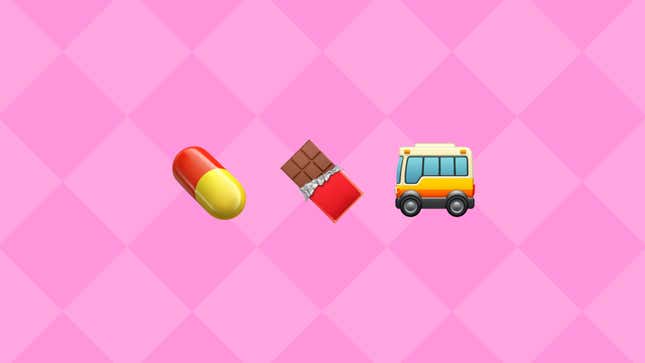 Emojis of a pill, a chocolate bar, and a bus are shown.