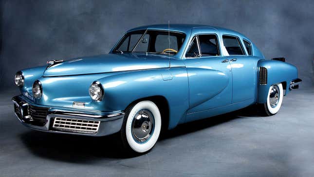 A photo of a blue Tucker 48 sedan. 