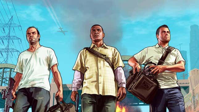 GTA V characters Trevor (left), Franklin (middle), and Michael (right) walk away from something burning.