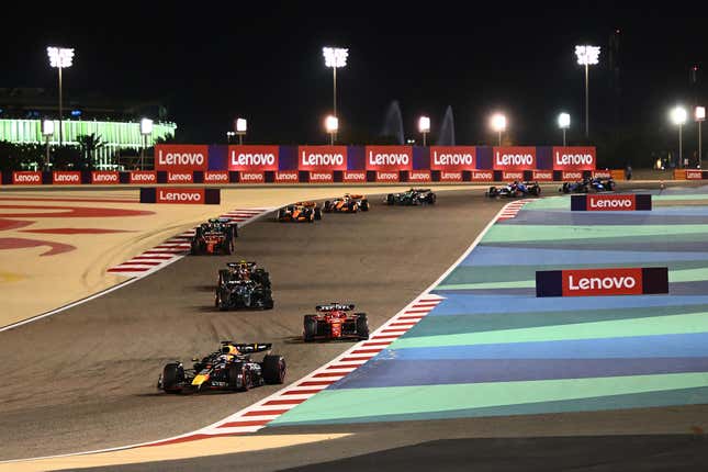 Max Verstappen of the Netherlands driving the (1) Oracle Red Bull Racing RB20 leads Charles Leclerc of Monaco driving the (16) Ferrari SF-24 on track during the F1 Grand Prix of Bahrain at Bahrain International Circuit on March 02, 2024 in Bahrain, Bahrain