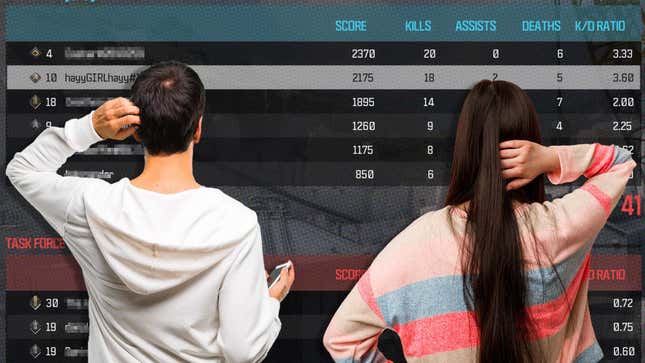 A man and a woman stand, scratching their heads in confusion, in front of a Modern Warfare III scoreboard. 