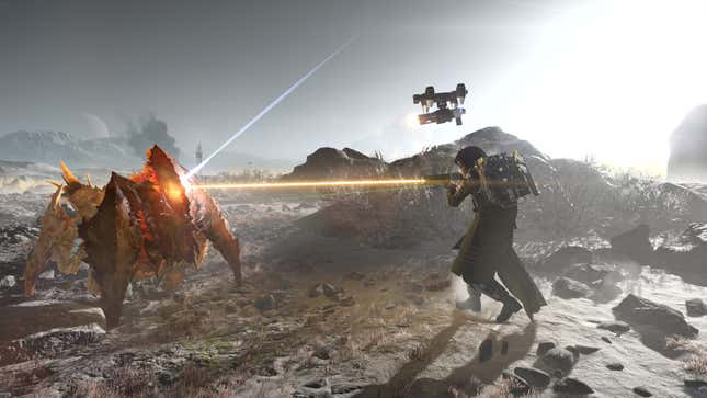 A screenshot of a Helldivers 2 player shooting a Terminid in close-quarters. The shot is ricocheting off the bugs protective shell.