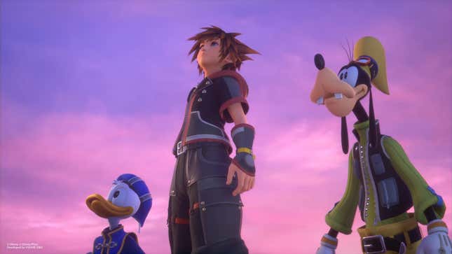 Sora, Donald, and Goofy stand below Arendelle's pink sky.