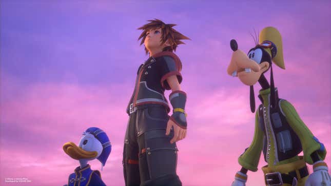 Sora, Donald and Goofy stand under the pink sky of Arendelle.