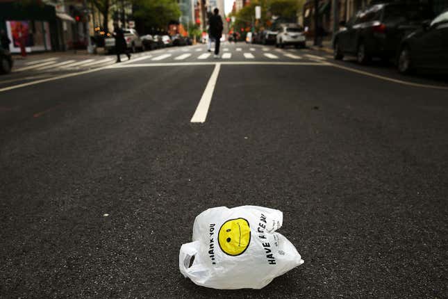 A plastic bag sits in a Manhattan street on May 05, 2016 in New York City