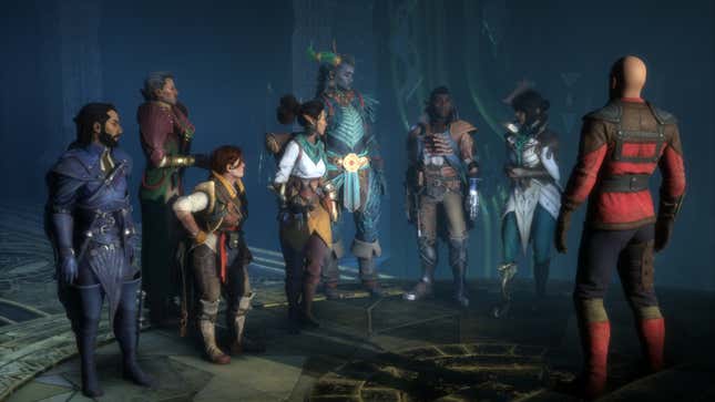 The cast of Dragon Age: The Veilguard looks at Davrin as he speaks.