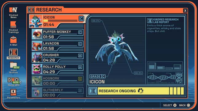 A screenshot shows survey information for an alien animal.