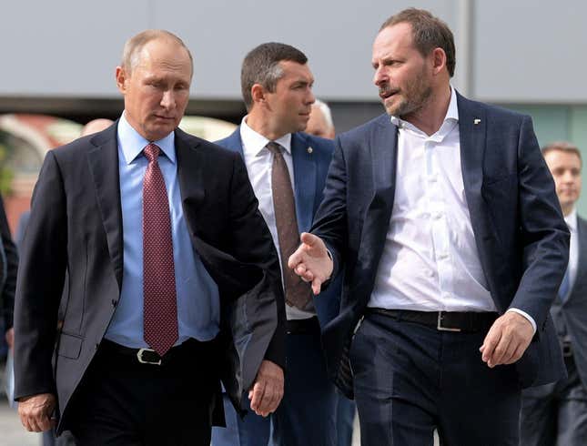 FILE - In this file photo taken on Sept. 21, 2017, Russian President Vladimir Putin, left, listens to Yandex CEO Arkady Volozh, right, during his visits Russia&#39;s largest internet search engine Yandex headquarters in Moscow, Russia. Volozh has been one of Russia&#39;s wealthy businessmen to have condemned Moscow&#39;s invasion of Ukraine as &quot;barbaric,&#39; but he has remained on the European Union&#39;s sanctions list. (Alexei Druzhinin, Sputnik, Kremlin Pool Photo via AP, File)