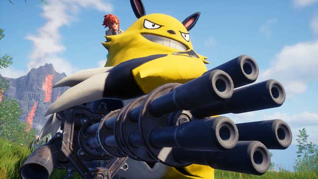 A screenshot shows a large yellow, cartoon cat-creature holding a big Gatling gun.