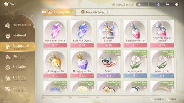 The Surging Ebb tab in the store. Its first seven items, including Crystals, have no limit attached to them.