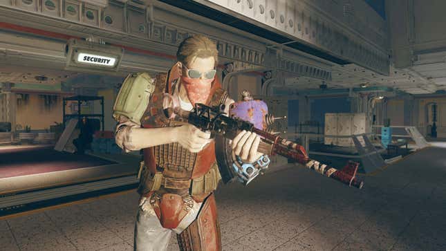 A man wearing a mask and shades, holding the Shattered Grounds weapon.