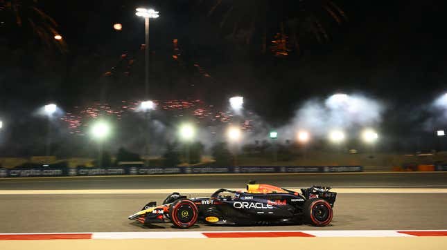 A photo of a Red Bull F1 car on track. 