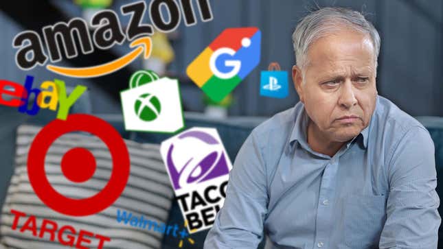 An image shows a sad man in front of various store and digital shop logos. 