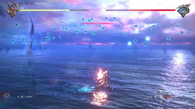 Ifrit burns on the water's surface as a few dozen large droplets or spheres of water fill the sky and the attack name Salt Spray is displayed.