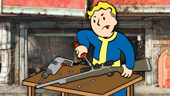 An image shows Vault Boy fixing stuff on a table. 