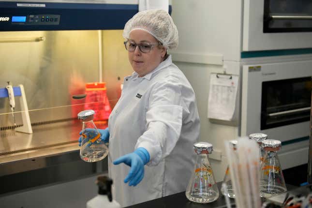 Operational technician Erin Aranda handles flasks containing mushroom spores at the production facility for Meati Wednesday, July 26, 2023, in Thornton, Colo. Eventually, the company expects to produce more than 40 million pounds of meat annually at its 100,000-square-foot Mega Ranch in Thornton. That’s about 160 million four-ounce servings, or half the amount of beef served each year at Chipotle, one of Meati’s biggest investors. (AP Photo/David Zalubowski)