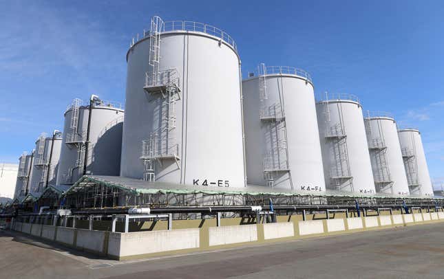 A photo shows tanks for storing treated water at Fukushima Daiichi Nuclear Power Station of Tokyo Electric Power Company Holdings, Incorporated in Okuma Town, Fukushima Prefecture on February 2, 2024. 