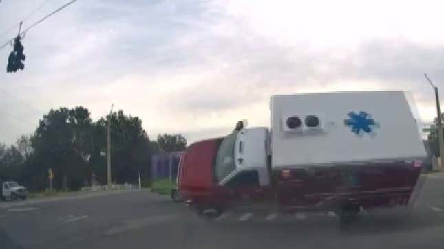 Screenshot of the ambulance flipping after being hit