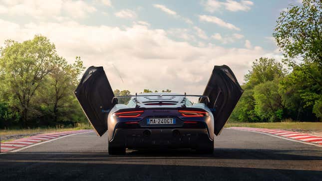 A rear view of the GT2 Stradale with its doors opened up