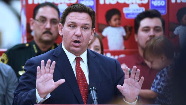 OCALA, FLORIDA, UNITED STATES - 2022/05/06: Florida Governor Ron DeSantis speaks at a press conference at Samâs Club in Ocala, where he signed into law more than $1.2 billion in tax relief for Floridians, the largest tax relief package in Floridaâs history. In an effort to combat inflation, taxes will be eliminated for varying periods of time on goods including fuel, childrenâs books, diapers, and home improvement items. (Photo by Paul Hennessy/SOPA Images/LightRocket via Getty Images)