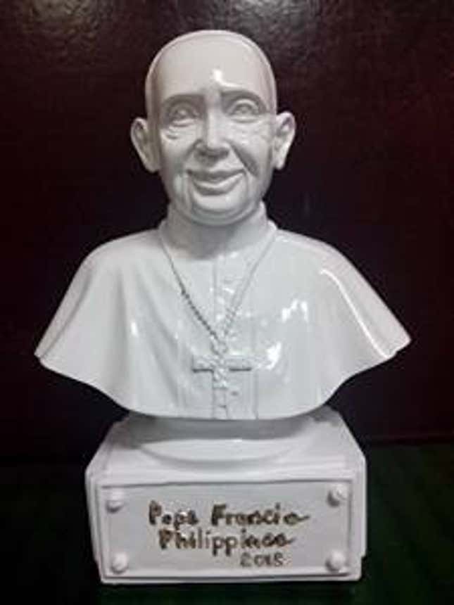 A “Pope Francis Philippines Visit 2015 Commemorative Resin Bust” for sale on Amazon for $31.33.