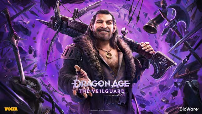 Varric reaches a hand out with his crossbow Bianca on his shoulder.