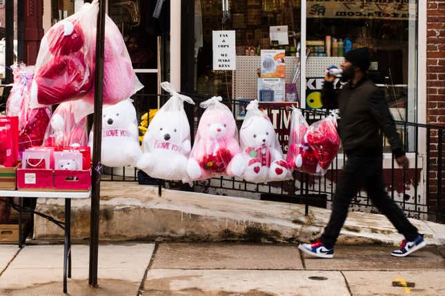 FILE - A pedestrian passes Valentine&#39;s day stuffed animals for sale ahead of the holiday in Philadelphia, Feb. 13, 2019. Romance scams are increasingly common, with consumers losing $1.3 billion to them in 2022, according to Federal Trade Commission reports. While anyone can fall victim to a romance scam, there are strategies you can use to reduce your risk. First, be wary of online relationships that move quickly. Common red flags include someone avoiding video calls or in-person meetings. (AP Photo/Matt Rourke, file)