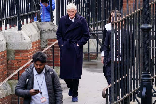 FILE - James Dyson arrives at the Royal Courts of Justice, in London, on Nov. 21, 2023. Billionaire vacuum cleaner tycoon James Dyson lost a libel lawsuit Friday against the Daily Mirror for a column that suggested he was a hypocrite who “screwed” Britain by moving his company&#39;s headquarters to Singapore after supporting the campaign in favor of the U.K.&#39;s breakup with the European Union. (AP Photo/Alberto Pezzali, File)