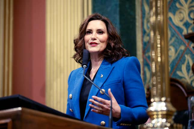 FILE - Michigan Gov. Gretchen Whitmer delivers her State of the State address to a joint session of the House and Senate, Jan. 25, 2023, at the state Capitol in Lansing, Mich. On Wednesday, Aug. 30, Whitmer will give the first insight into Democrats&#39; plans for the final months of the year after a historic first half of 2023 that saw the newly powerful party rush through a flurry of pent-up policy demands. (AP Photo/Al Goldis, File)