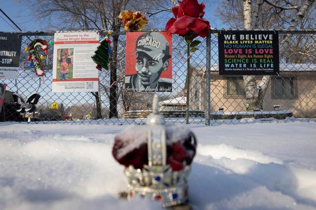 The memorial site for Daunte Wright sits covered in snow on Wednesday, Dec. 8, 2021, in Brooklyn Center, Minn. as opening statements begin in the trial for former police officer Kim Potter. 