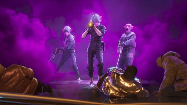 Robbers appear out of purple smoke.