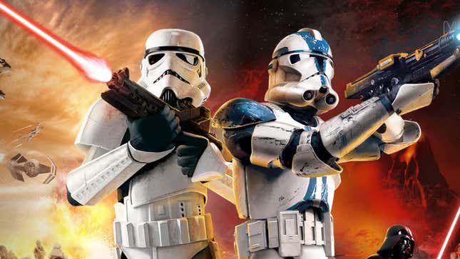An image shows a Stormtrooper and Clone Trooper firing blasters together. 