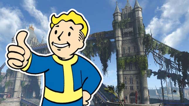 A cartoon Vault Boy gives a thumbs up in front of an old, broken down bridge. 