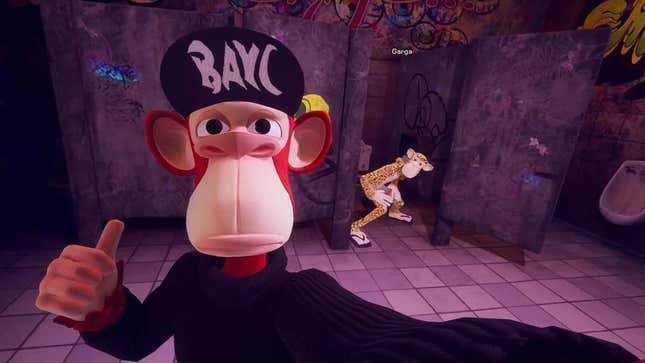 A bored ape twerks inside a bathroom in the metaverse.