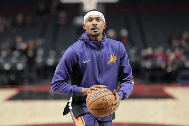 Oct 12, 2023; Portland, Oregon, USA; Phoenix Suns shooting guard Bradley Beal (3) warms up prior to a game against the Portland Trail Blazers at Moda Center.