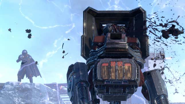 A screenshot of a Helldivers 2 player targeting an enemy in the foreground on a walker.