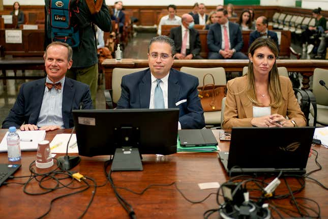 From left, Christopher Kise, Clifford Robert, and Alina Habba attorneys representing the Trump Organization, sit in New York Supreme Court, Tuesday, Oct. 10, 2023, in New York. Donald Trump’s longtime finance chief is set to testify as the former president’s civil trial enters its second week. (AP Photo/Seth Wenig)