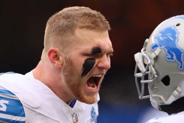 CHICAGO, ILLINOIS - DECEMBER 10: Aidan Hutchinson #97 of the Detroit Lions reacts during warm ups prior to the game against the Chicago Bears at Soldier Field on December 10, 2023 in Chicago, Illinois. (Photo by Michael Reaves/Getty Images)