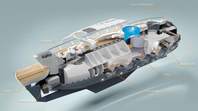 A cutaway rendering revealing the proposed interior compartments of U-Boat Worx's new Nautilus superyacht.