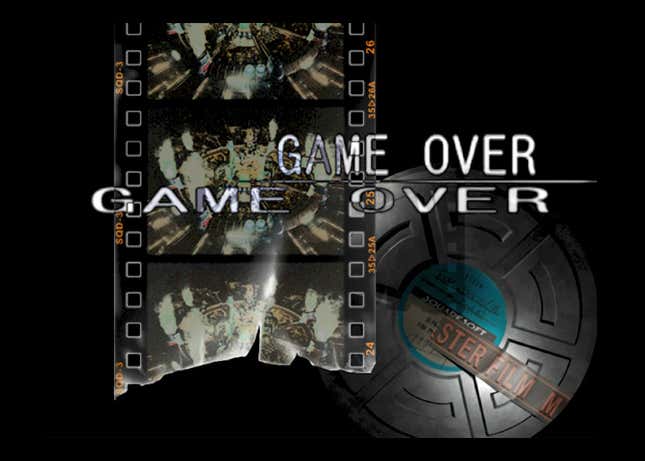 A game over screen for Final Fantasy VII shows its game over screen as a torn film strip.
