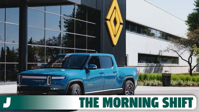 A photo of a blue Rivian electric truck outside its factory. 