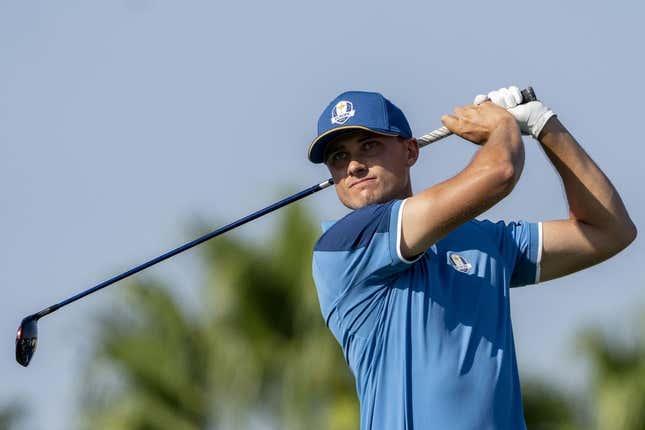 September 27, 2023; Rome, ITA; Team Europe golfer Ludvig Aberg hits his tee shot on the 10th hole during a practice day for the Ryder Cup golf competition at Marco Simone Golf and Country Club.