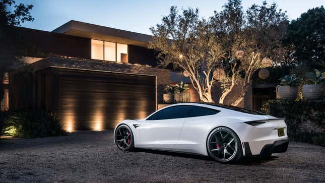A render of a white Tesla Roadster parked outside a house. 