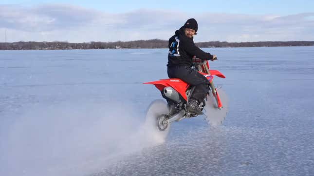 Image for article titled Put Saw Blade Wheels On Your Dirt Bike To Rip On Frozen Lakes While Ice Still Exists