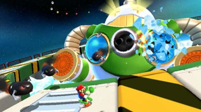 Mario rides Yoshi while facing a robot. 