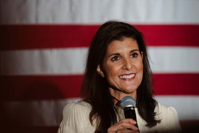 Nikki Haley, former ambassador to the United Nations and 2024 Republican presidential candidate, during a town hall event at the Saddle Up Saloon in Kingston, New Hampshire, US, on Wednesday, Jan. 3, 2024. Haley’s campaign said that she raised $24 million in the final three months of 2023 riding a wave of momentum in her bid for the Republican presidential nomination. 