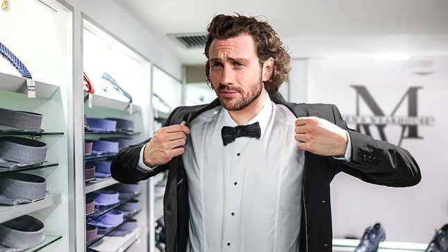 Image for article titled Aaron Taylor-Johnson Wondering If Buying Tuxedo More Economical In Long Run Than Renting One For Each ‘Bond’ Film