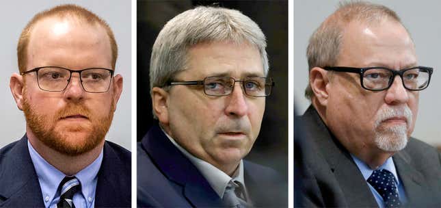 This photo combo shows, from left, Travis McMichael, William “Roddie” Bryan, and Gregory McMichael during their trial at at the Glynn County Courthouse in Brunswick, Ga. Gregory McMichael, who initiated the neighborhood chase that resulted in the fatal shooting of Ahmaud Arbery, is asking a federal judge to show leniency when he’s sentenced next week for a federal hate crime conviction. 