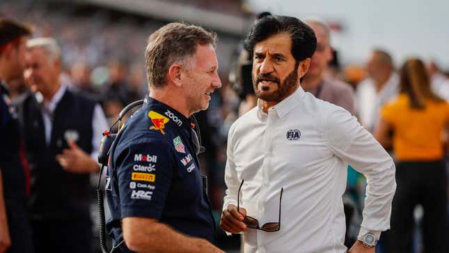 Red Bull Racing Team Principal Christian Horner talks with Mohammed ben Sulayem, FIA President, on the grid during the Sprint ahead of the F1 Grand Prix of United States at Circuit of The Americas on October 21, 2023 in Austin, Texas.