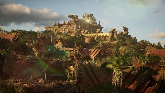 A screenshot of a town in Tural, Dawntrail's new land. A temple can be seen above the village with a shining light coming from it, and the environment is warm, and filled with tropical trees.